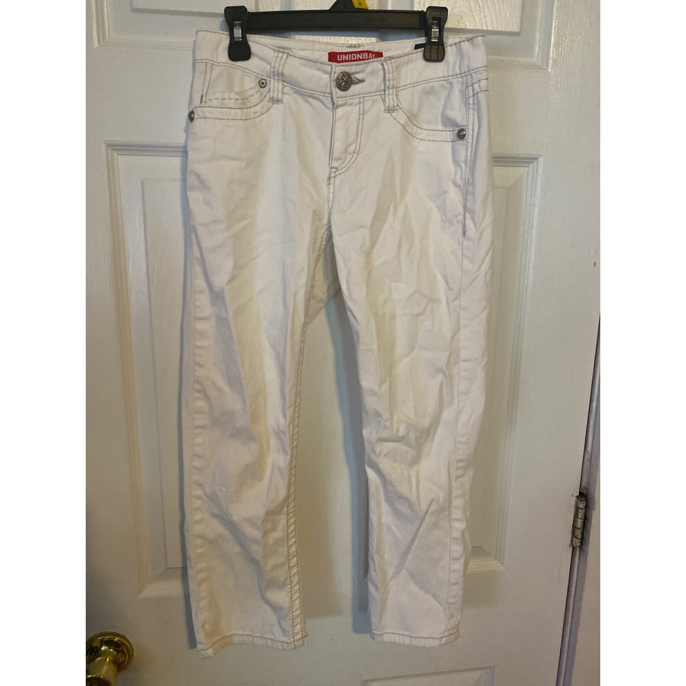 Unionbay Womens White Mid Rise Crop Pants Size 1 Embroidered Pockets Denim